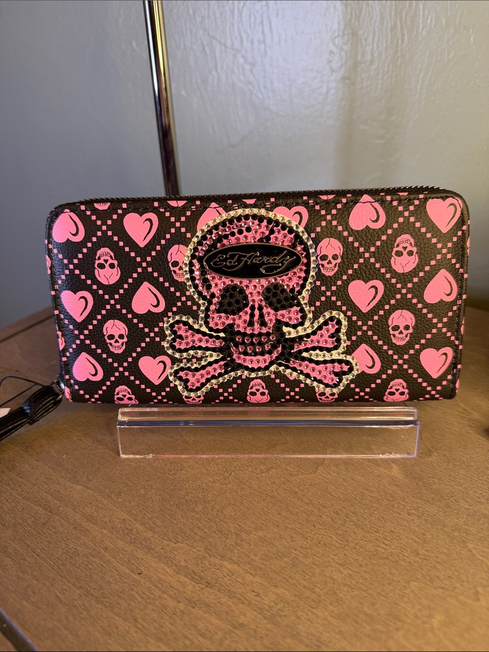 Ed Hardy Black & Pink Rhinestone Skull Zip Wallet